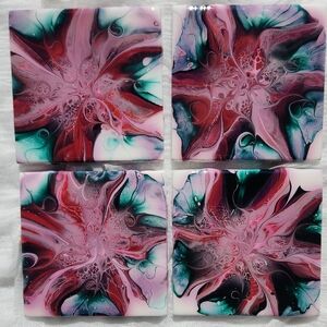 Hand Crafted Resin Vibrant Abstract Floral Art Coasters Ruby  Green Painted